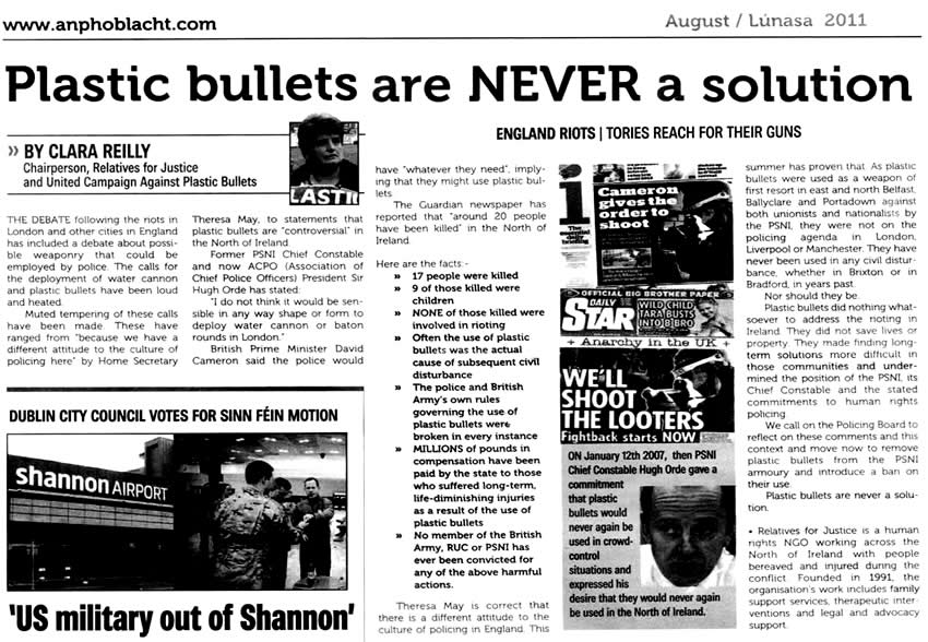 Piléar Rúibéar Rubber Bullet An Phoblacht Lúnasa August 2011. Ban Rubber Bullets